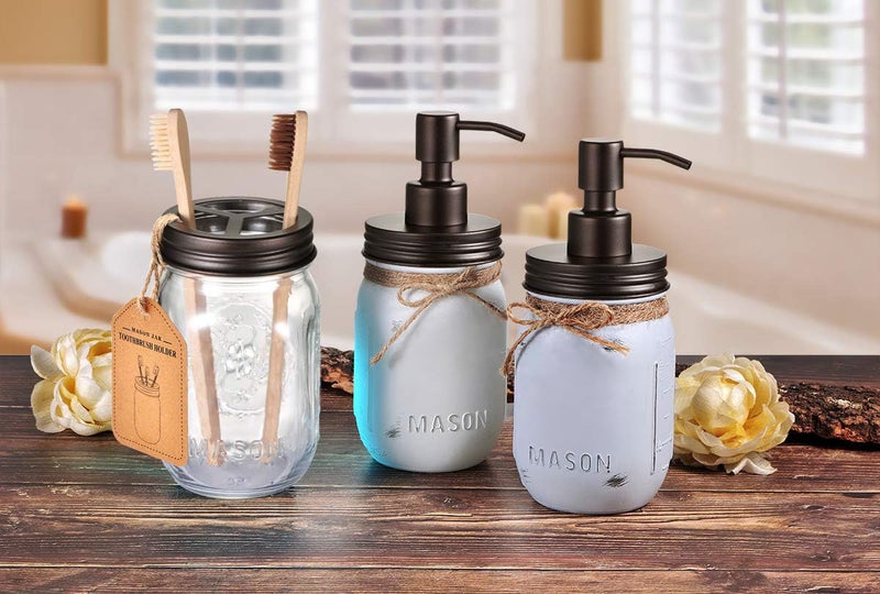 Komashr Mason Jar Toothbrush Holder â€“ Bronze â€“ with Genuine Glass 16 Ounce Mason Jar for Regular Mouth Mason Jar ï¼Œ Premium Rust-Proof 304 Stainless Steel - Rustic Farmhouse Decor Bathroom Accessories - Image 4